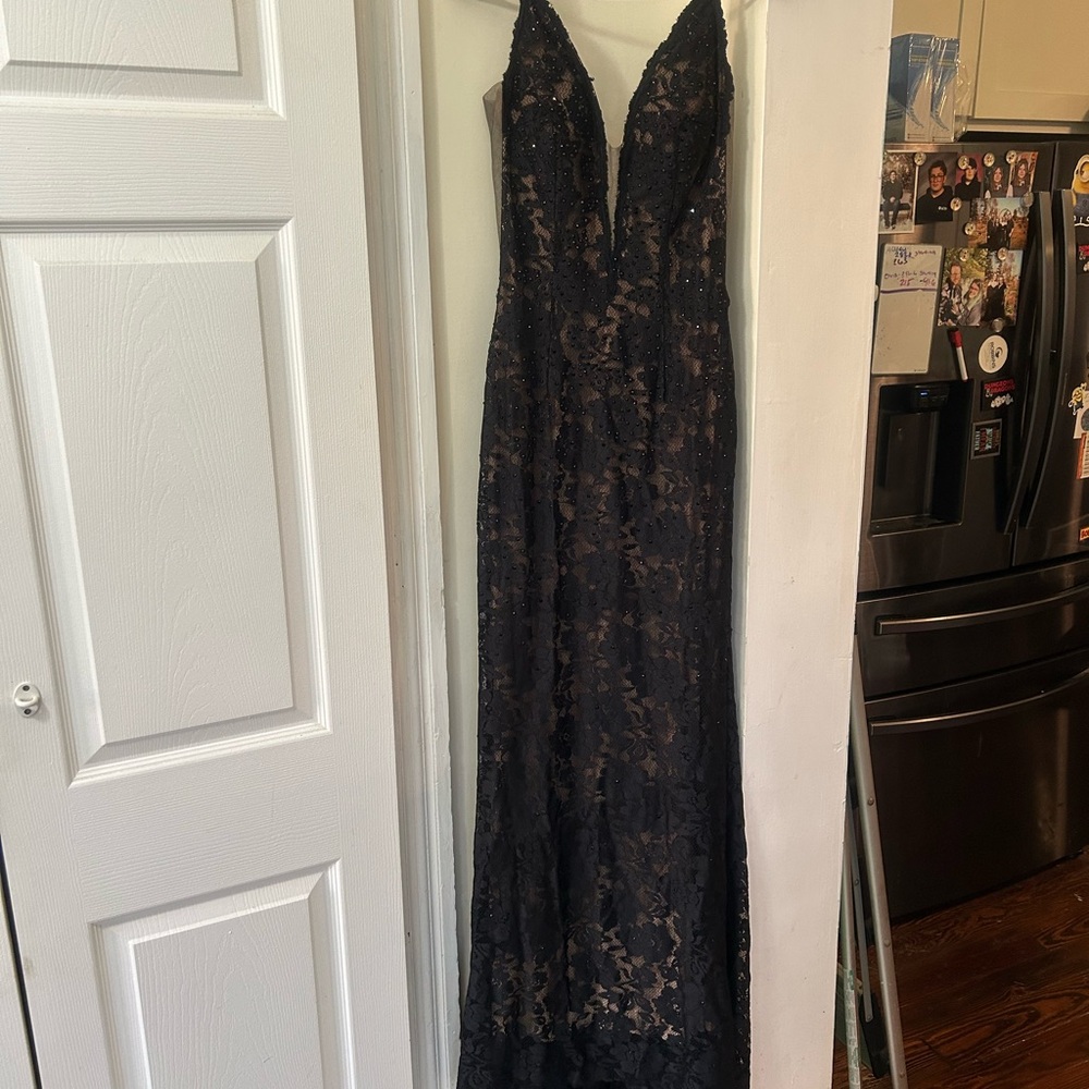 Jovani black lace tan formal gown size 4